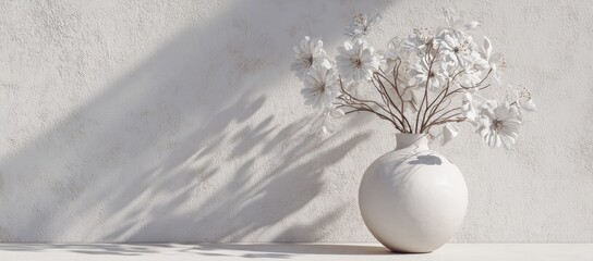 White flowers in round vase cast shadows on a textured white wall