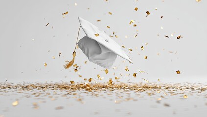 White graduation cap mid-air with golden confetti. Celebratory moment
