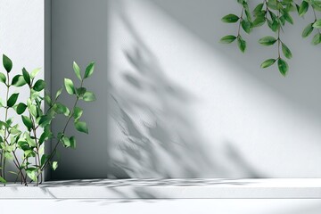 White studio with sunlight, green leaves, and shadows for product display