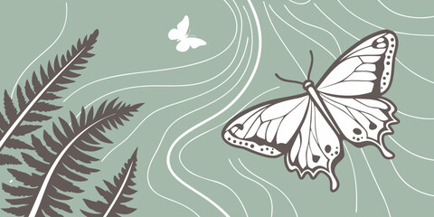 Elegant butterfly and fern fronds on a serene green backdrop, creating a peaceful nature scene illustration