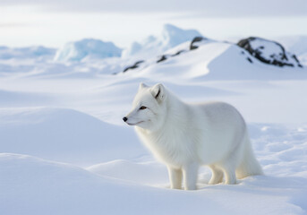 Obraz premium Arctic fox standing in frozen landscape fluffy fur blending with snow background