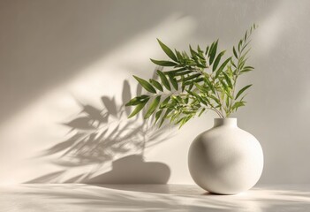 White vase holds green leafy branches, sunlight creates shadows on white wall