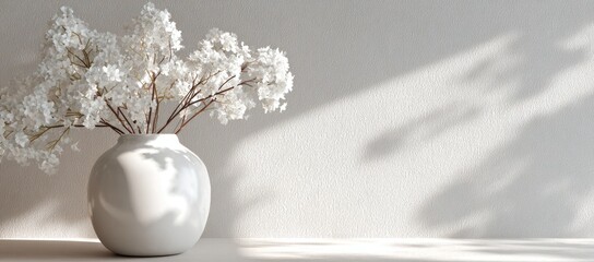 White vase holding white flowers under sunlight. Shadows cast on a white wall. Minimalist aesthetic
