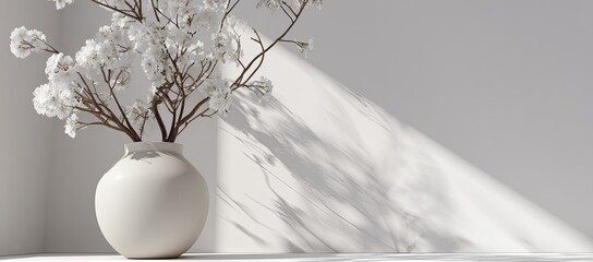 White vase with delicate flowers in a sunlit corner creating shadows. Minimalist