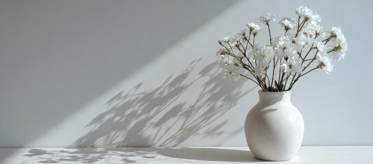 White vase with baby's breath flowers. Shadow play on a white background, soft light