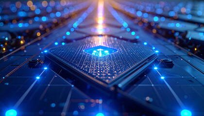 Obraz premium Digital Circuit's Luminescence: A close-up view unveils the intricate pathways and illuminated components of a central processing unit, symbolizing the power and complexity of modern technology.