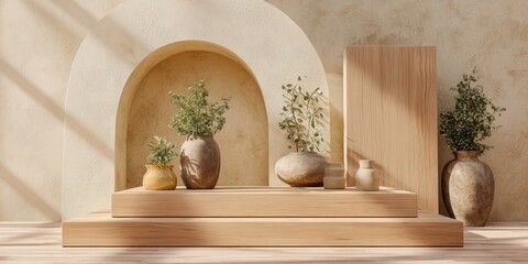Wooden display with plants and vases, beige wall, and arched niche, minimalist decor
