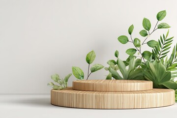 Wooden pedestal display with lush green leaves, perfect for product showcasing