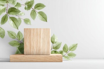 Wooden pedestal with leaves for product display, minimalist design