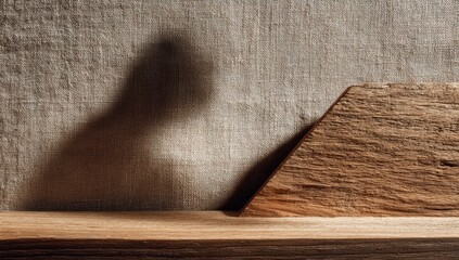 Wooden object with shadow, natural light on linen backdrop