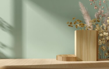 Wooden platform with dried flowers against mint wall, sunlight and shadow