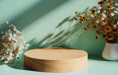 Wooden platform with dried flowers on a mint backdrop, shadows playing