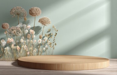 Wooden podium with dried flowers against a teal wall. Sunlight casts shadows