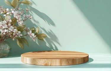 Wooden podium with floral arrangement against a mint green backdrop, shadows
