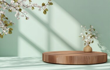 Wooden podium with flowers, soft lighting, against a mint green wall, clean background