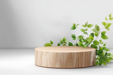 Wooden podium with greenery, product display, minimalist setup