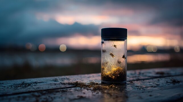 Small insects glow inside a glass jar on a wooden surface at dusk with a blurred natural background