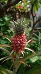 Young pineapple plant in natural, vibrant green setting