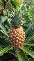 Young pineapple plant showing the spiky fruit and long, green leaves