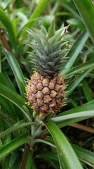 Young pineapple plant growing in lush, green foliage. Detailed view of the fruit