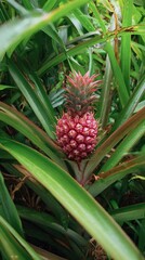 Young pink pineapple growing amidst vibrant green leaves. Tropical plant