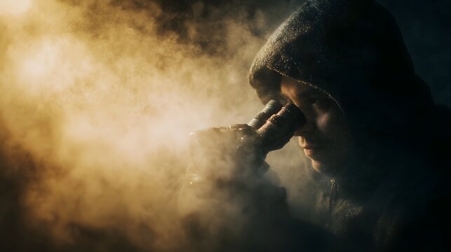 A scientist in a hooded robe intently peers into a microscope surrounded by atmospheric golden mist and dramatic lighting