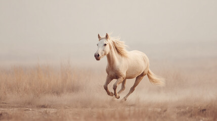 Minimalist photograph of horse running freely in open landscape
