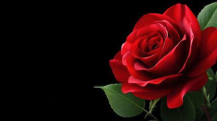 Naklejka premium A vividly detailed, single red rose with lush green leaves elegantly arranged against a stark black background, showcasing depth and delicate petal textures beautifully.