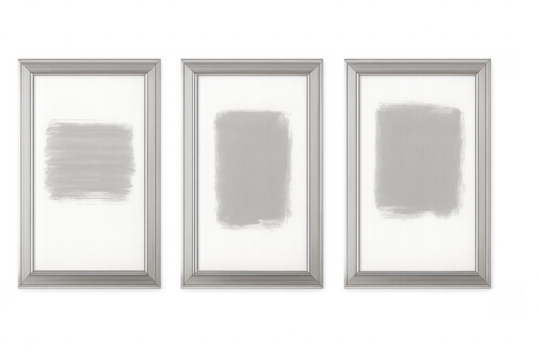 Triptych picture frames showing abstract grey brushstrokes on transparent background