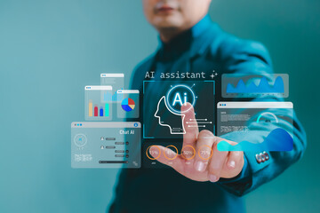 Businessman using virtual AI assistant interface with chat dashboard and data analytics graphs. Concept of artificial intelligence, chatbot, smart technology, data analysis, digital communication.