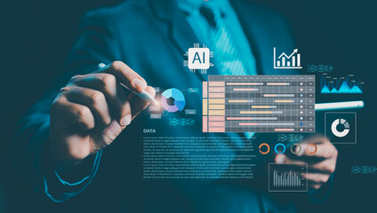 Businessman analyzing AI data dashboard with charts and graphs representing artificial intelligence, business analytics, data visualization, performance metrics, digital technology strategy concept.
