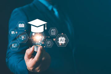 Businessman holding glowing light bulb with graduation cap and AI icon representing smart learning, digital education, artificial intelligence, knowledge innovation, and future technology concept.