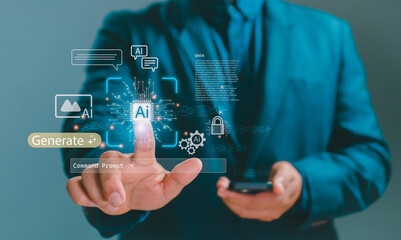 Businessman using AI generate command interface with artificial intelligence icons, digital data, and automation system representing technology innovation, prompt engineering.