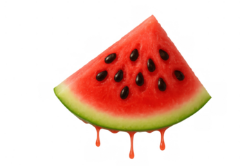 Watermelon triangle slice dripping juice, showing vibrant red flesh and black seeds, summer fruit refreshing sweet taste