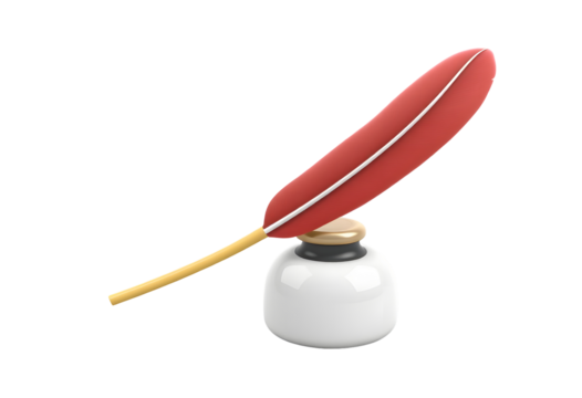 Red quill pen and inkwell isolated on transparent background