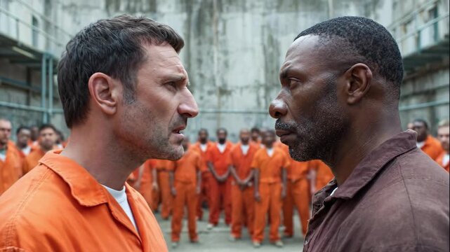 Two inmates in a tense face-to-face confrontation in a prison yard. An angry prisoner in an orange jumpsuit threatens his rival during a hostile argument. Conflict and aggression concept