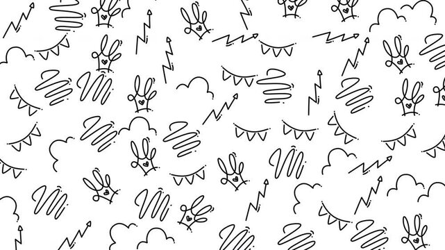 Doodle line patterns of clouds, arrows, crowns, and squiggles for whimsical and charming designs. Suitable for creative projects and illustrations.