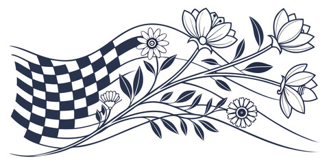 Elegant floral design with checkered flag, a blend of nature and racing