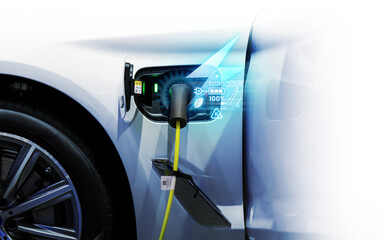 Power cable pump plug in charging power to electric vehicle EV car.