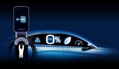 Concept of Power cable pump plug in charging power to electric vehicle EV car with icon save the world.