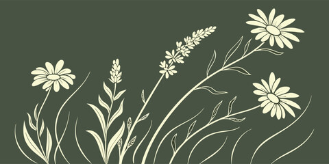 Delicate floral illustration featuring daisies and lavender on a dark green background, creating a serene and natural design
