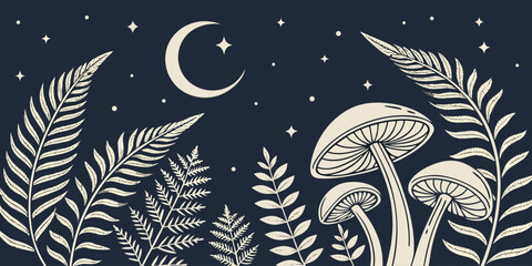 Enchanting night scene featuring mushrooms, ferns, crescent moon, and stars in a whimsical illustration style