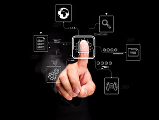 A hand interacts with digital icons, representing technology, data, and connectivity, on a black background.