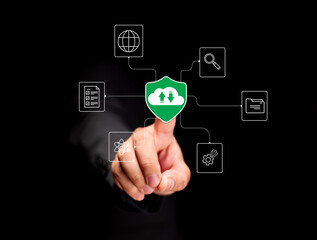 A hand points to a green cloud icon surrounded by various tech symbols, representing cloud computing and data security.