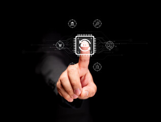 A hand interacting with digital icons, symbolizing technology, connectivity, and modern communication in a sleek, dark setting.