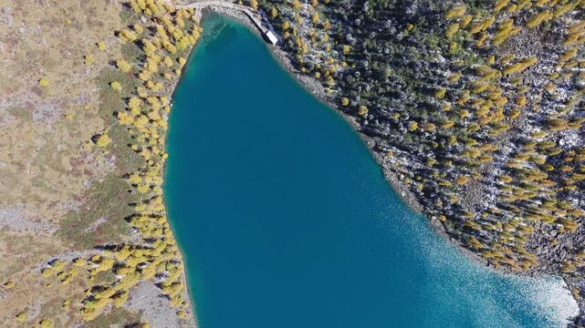 Aerial Drone Footage of Jiayilacuo Lake in Dangling, Sichuan, China Blue Alpine Lake with Autumn Forest