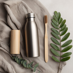Eco friendly lifestyle with bamboo toothbrush and reusable bottle
