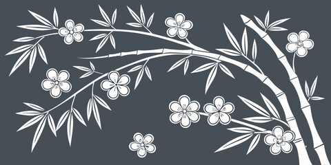 Elegant white bamboo branches with delicate flowers on a dark gray background, creating a serene and minimalist design