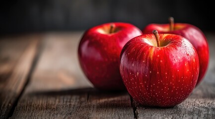 Three vibrant red apples on rustic wood