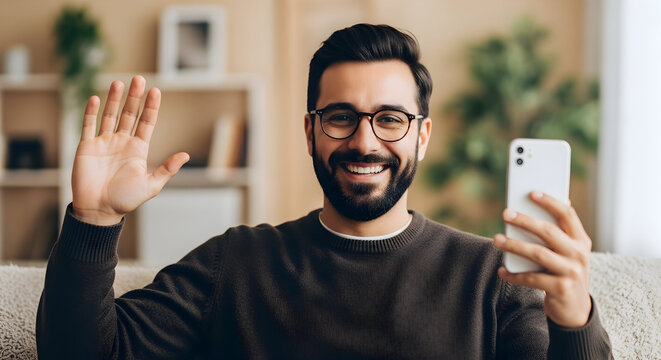 Engaging Telecommunication Experience A Smiling Middle Eastern Man Connects Through Video Call Embracing Technology for Remote Communication and Virtual Interactions at Home